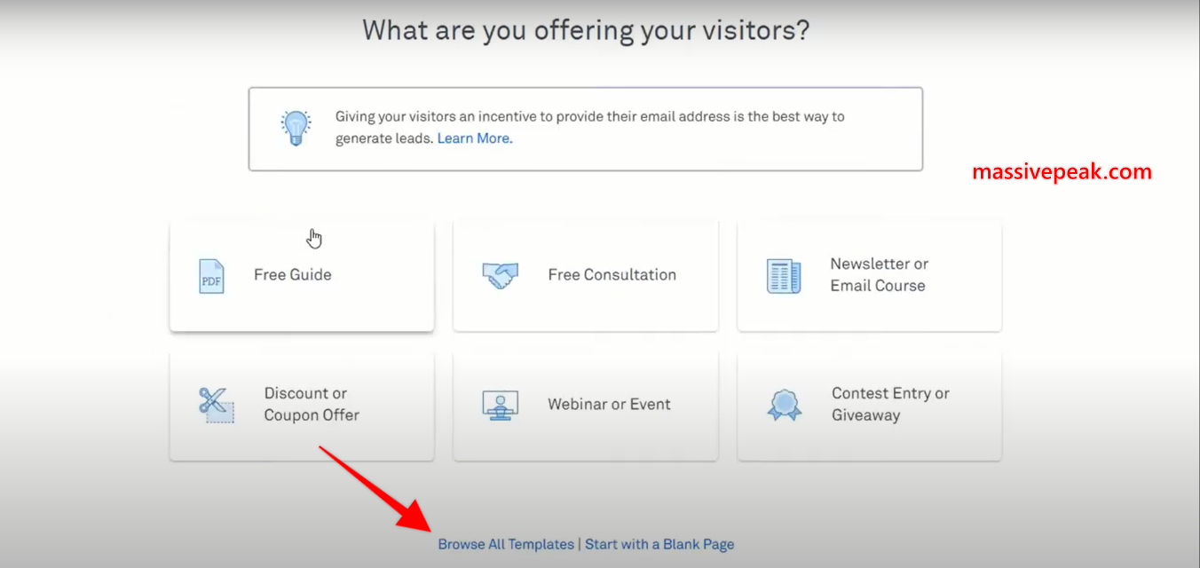 click on browse landing page template